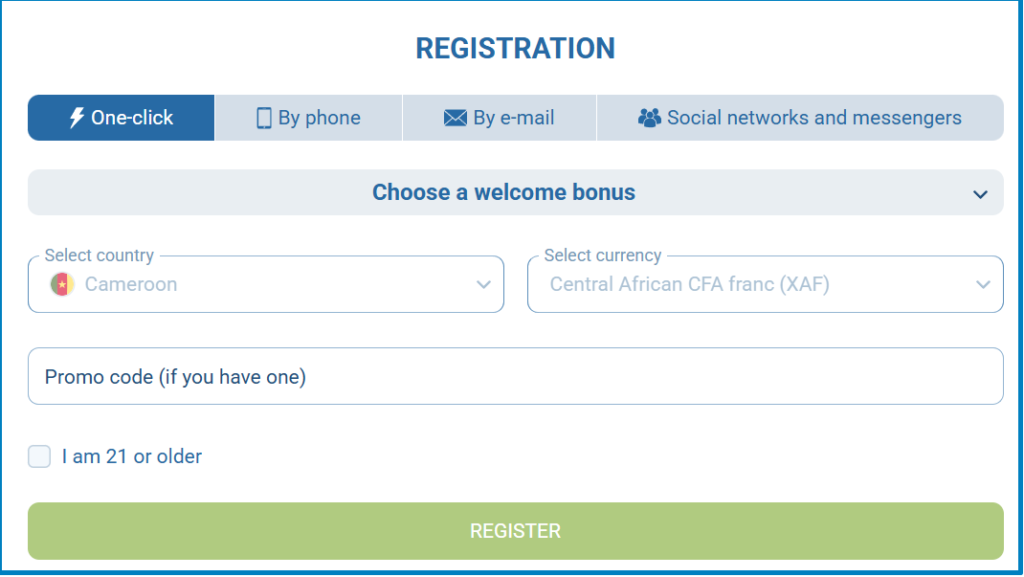 1xBet one-click registration form.
