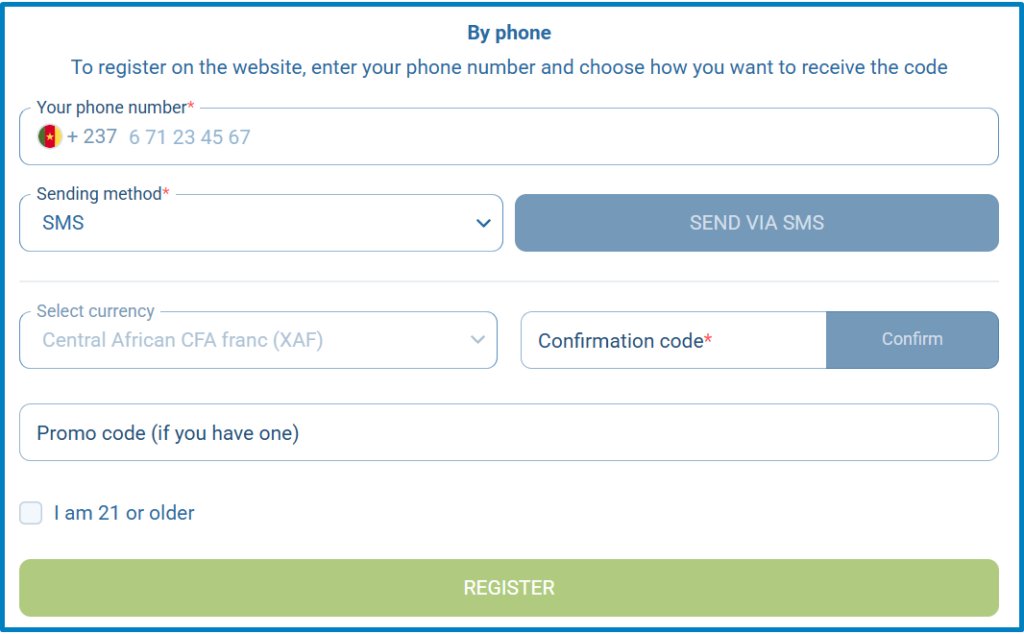 1xBet registration form by phone number.
