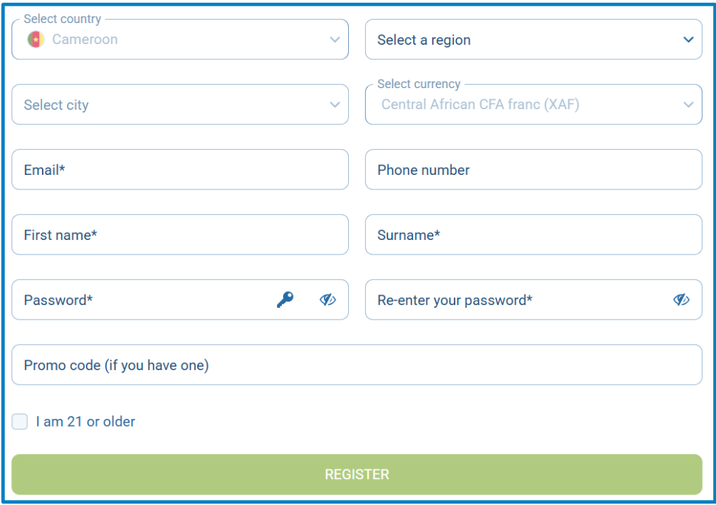 1xBet registration form by email.
