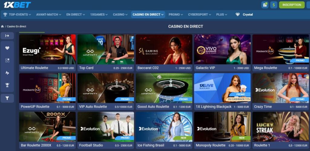 Live casino 1xBet — tables avec croupiers francophones