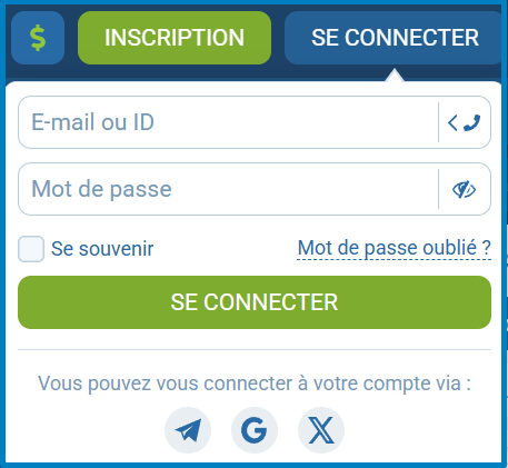 Formulaire de connexion 1xBet par adresse e-mail.