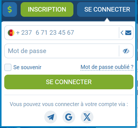 Formulaire de connexion 1xBet par numéro de téléphone.
