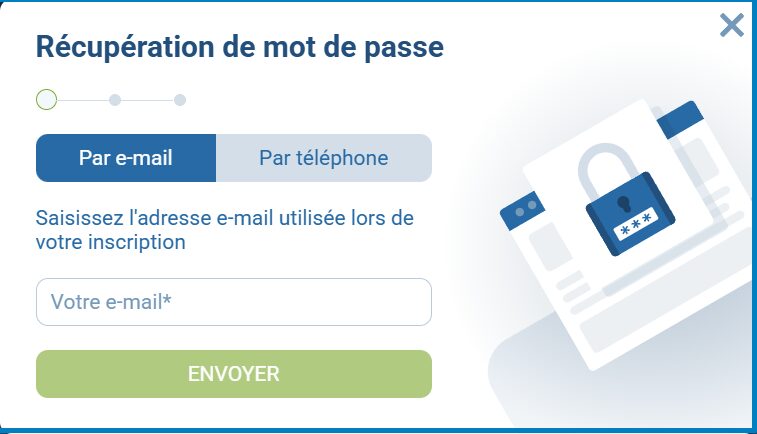 Formulaire de récupération de mot de passe 1xBet.
