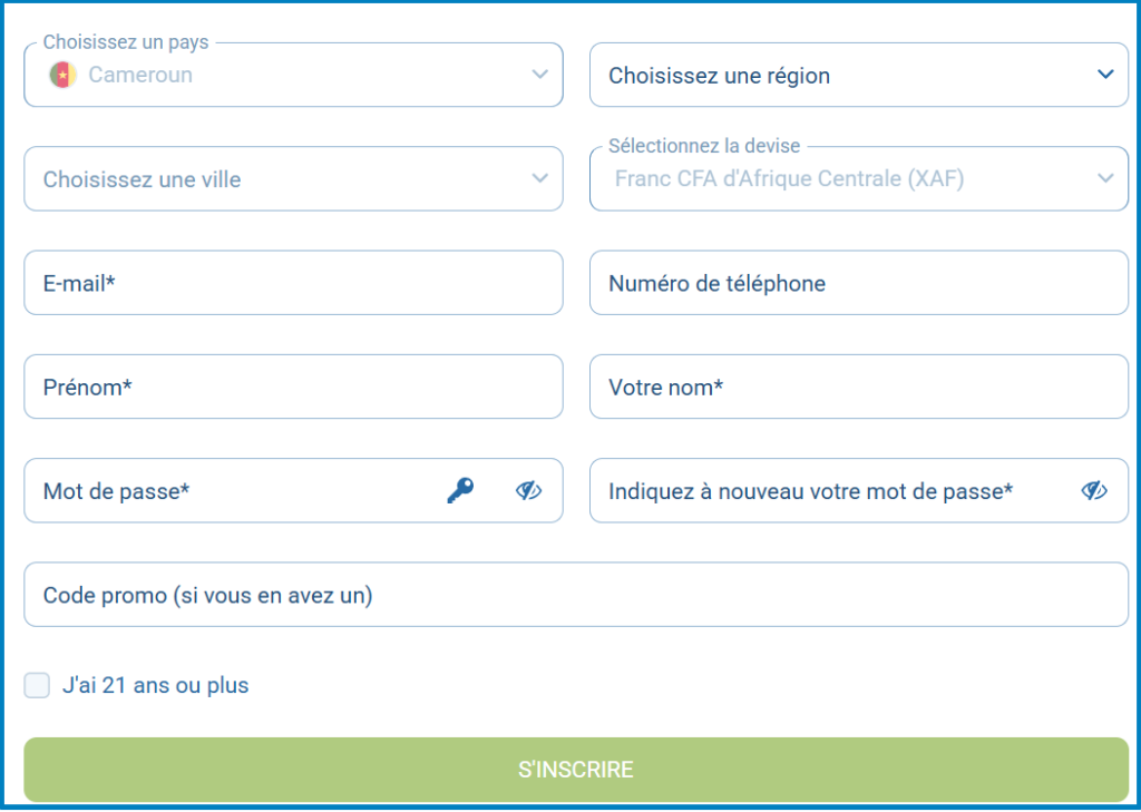 Formulaire d'inscription 1xBet par adresse e-mail.