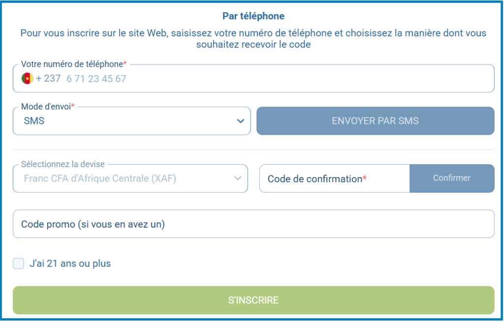 Formulaire d'inscription 1xBet par numéro de téléphone.

